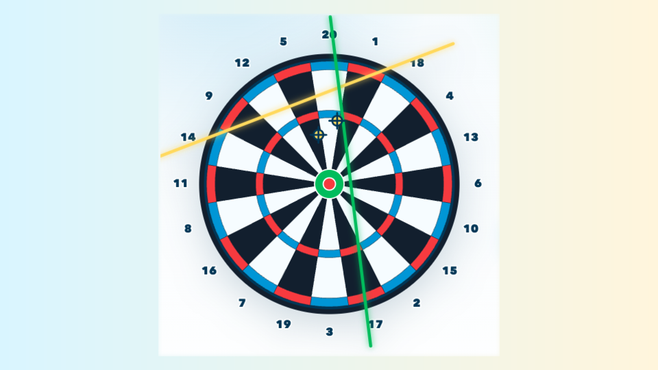 Mid-play screenshot of Dart Dojo showing a dartboard, score panel and aiming controls.