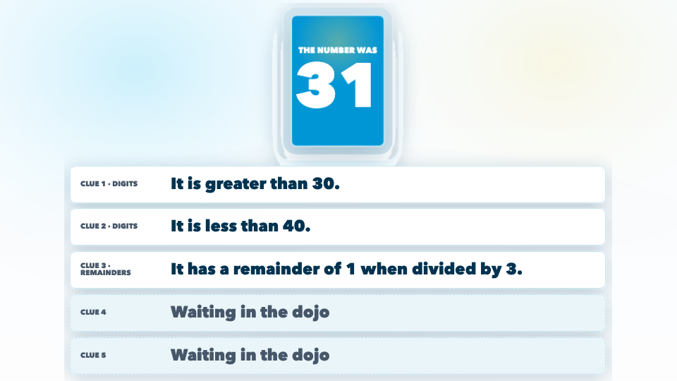 Mid-play screenshot of Deduction Duel showing team panels, a hidden number card, clue cards and a pressure timer.