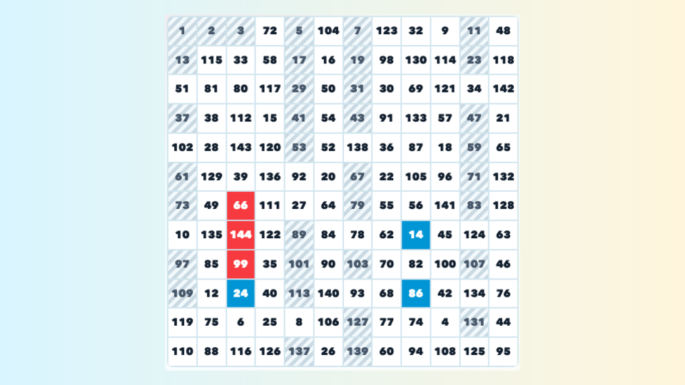 Mid-play screenshot of Factoria showing a 12 by 12 number grid and factor controls.